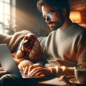 Homme avec son chien qui recherche un dog-sitter sur un site de dog-sitting