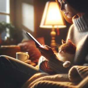 Femme qui surfe sur le web via son smartphone, elle a son chat ses genoux