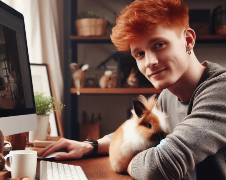Un jeune homme recherche un NAC-sitter sur son ordinateur. Son lapin nain est sur son bras