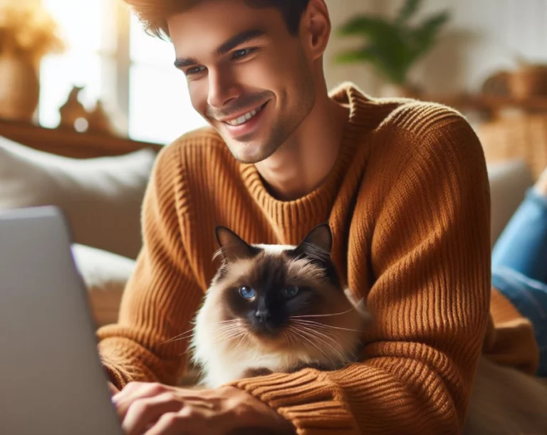 Un jeune homme surfe sur son ordinateur portable en câlinant sont chat