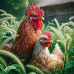 Une poule avec un coq dans l'herbe - catégorie poules