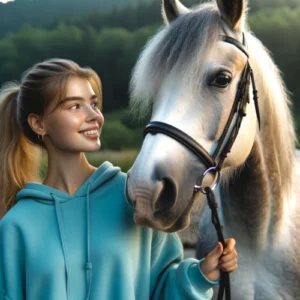 Une femme sourit en regardant son cheval gris qu'elle tient par les rênes