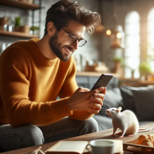 Un homme surfe sur son smarphone assis dans un canapé avec son rat blanc près de lui