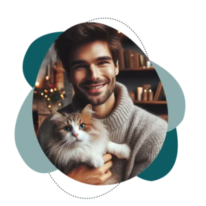 Un pet-sitter bénévole souriant porte un chat dans ses bras