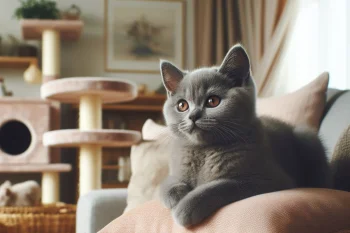 Un jeune chat chartreux est allongé sur le coussin d'un canapé