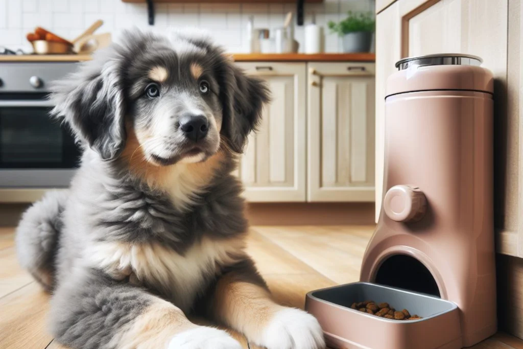 Un chien est allongé sur le sol d'une cuisine près d'un distributeur de croquettes