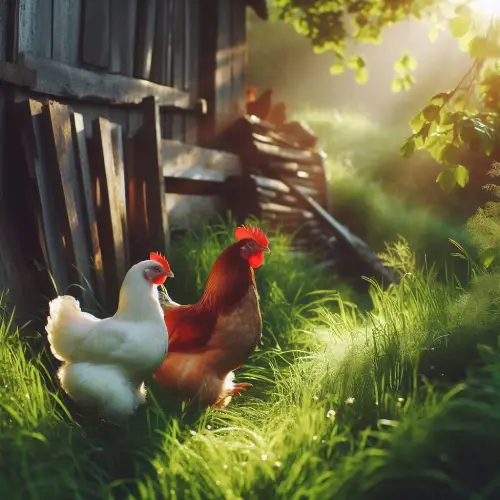 Un coq et des poules se baladant près de leur poulailler