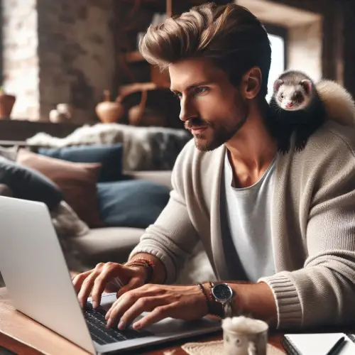 Homme avec son furet qui recherche un NAC-sitter sur un site de NAC-sitting