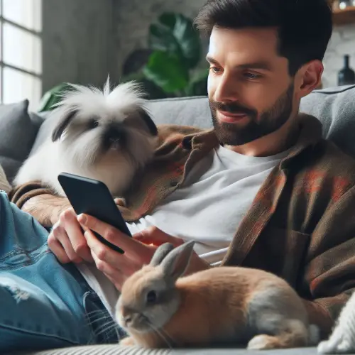 Homme avec ses 2 lapins nains qui recherche un NAC-sitter sur un site de NAC-sitting