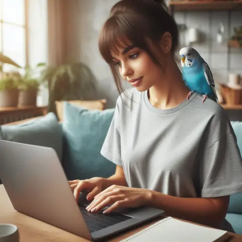 Femme avec sa perruche qui recherche un NAC-sitter sur un site de NAC-sitting