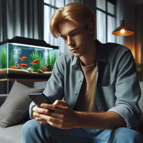 Homme près d'un aquarium qui recherche un NAC-sitter pour garder ses poissons sur un site de NAC-sitting