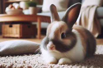 Un lapin nain est allongé sur un tapis dans un salon