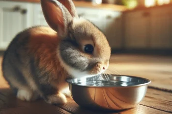 un lapin nain boit dans une gamelle en inox