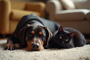 Un chat et un chien dorment sur un tapis dans un salon, apaisés de rester dans leur domicile pendant que leur propriétaire est en vacances