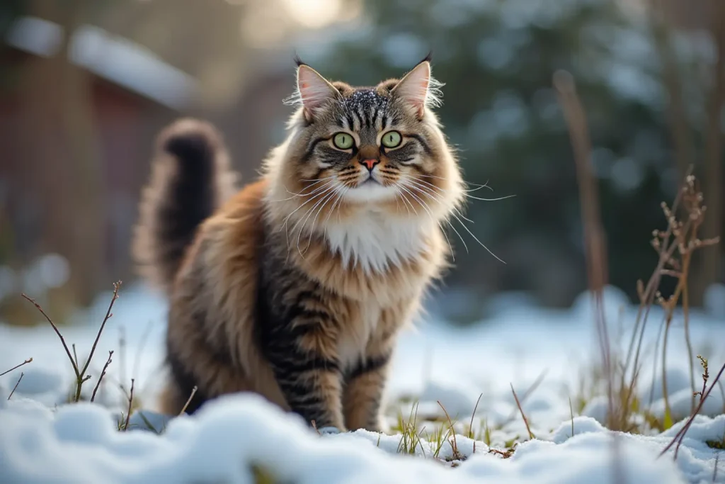 Un chat tigré gris aux poils longs dans la neige