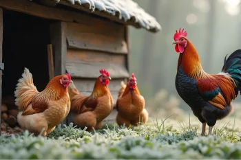 Un coq et trois poules devant leur poulailler par temps hivernal