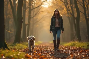 Une femme promène son caniche dans une forêt