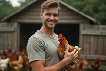 Un homme tient une poule dans ses bras devant son poulailler