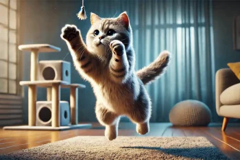 Chat en plein saut, les pattes avant tendues pour attraper un jouet, avec un arbre à chat et un intérieur cosy en arrière-plan.