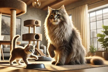 Un chat adulte et un chaton en train d'explorer et de jouer dans un salon chaleureux, aménagé avec un arbre à chat, un panier confortable et des gamelles. L'ambiance est cosy et met en valeur leur bien-être dans un foyer adapté.