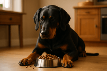 Chien : Photos prix d'un Berger de Beauce (Beauceron) qui mange des croquettes
