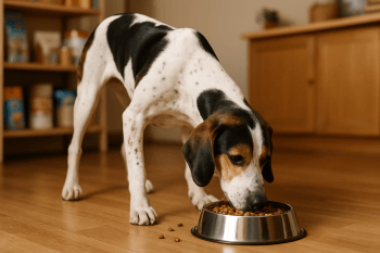 Chien : Photos prix d'un Braque de l'Ariège (Ariégeois) qui mange des croquettes