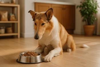 Chien : Photos prix d'un Colley à poil court (Smooth Collie) qui mange des croquettes