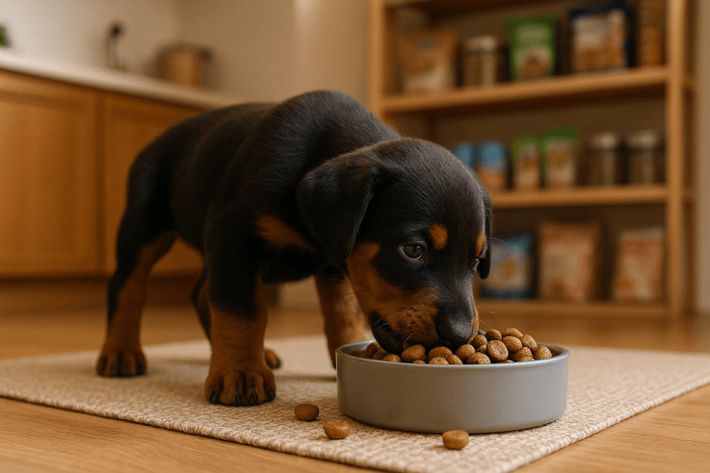 Chien : Photos prix d'un Dobermann qui mange des croquettes