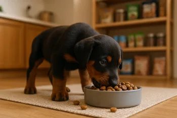 Chien : Photos prix d'un Dobermann qui mange des croquettes