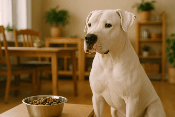 Chien : Photos prix d'un Dogue Argentin qui mange des croquettes