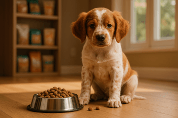 Chien : Photos prix d'un Épagneul Breton qui mange des croquettes