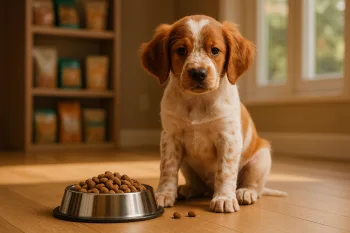 Chien : Photos prix d'un Épagneul Breton qui mange des croquettes
