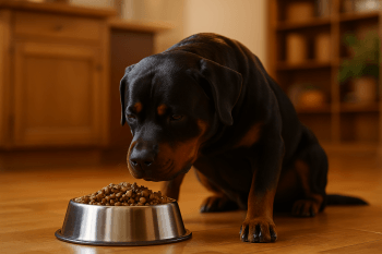 Chien : Photos prix d'un Rottweiler qui mange des croquettes