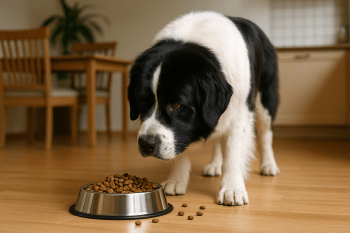 Chien : Photos prix d'un Terre-Neuve qui mange des croquettes