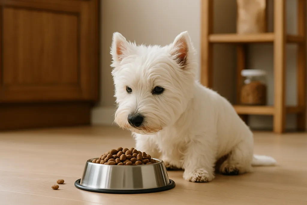 Chien : Photos prix d'un West Highland White Terrier qui mange des croquettes