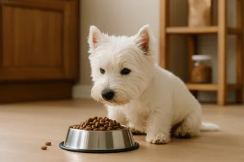 Chien : Photos prix d'un West Highland White Terrier qui mange des croquettes