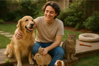 Pet-sitter souriant entourĂ© dâun chien, dâun chat, dâun lapin et dâun cochon dâInde dans un jardin â scĂšne naturelle et chaleureuse