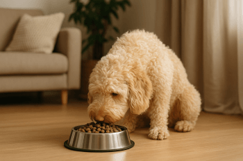 Chien : Photos prix d'un Barbet qui mange des croquettes