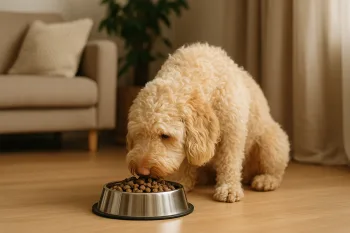 Chien : Photos prix d'un Barbet qui mange des croquettes