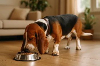 Chien : Photos prix d'un Basset Artésien Normand qui mange des croquettes