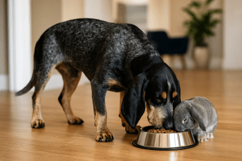 Chien : Photos prix d'un Basset Bleu de Gascogne qui mange des croquettes