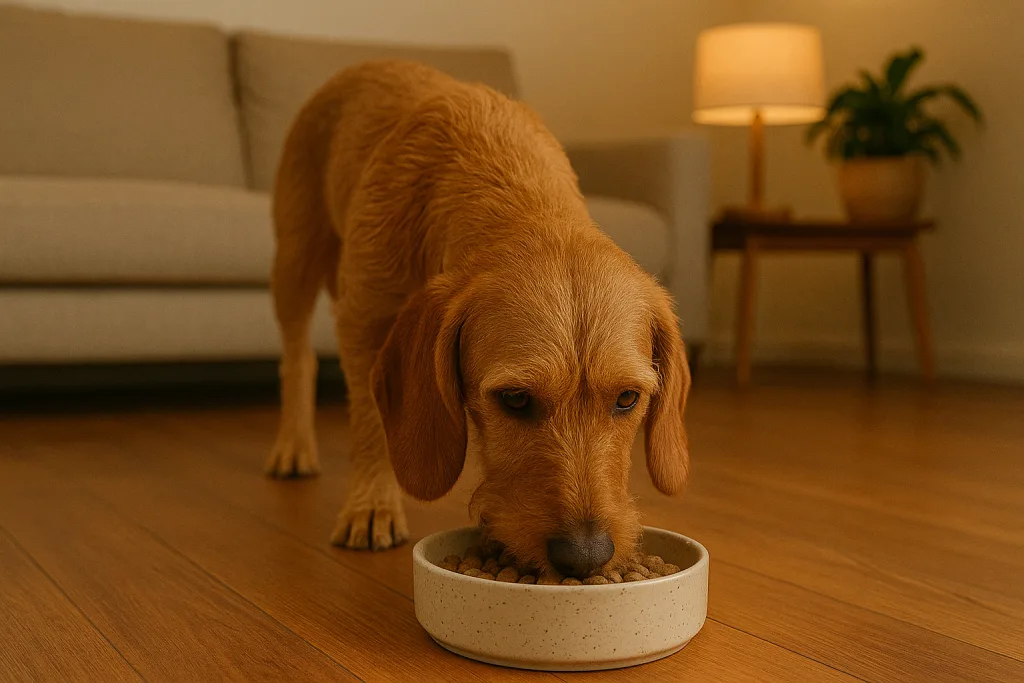 Chien : Photos prix d'un Basset Fauve de Bretagne qui mange des croquettes