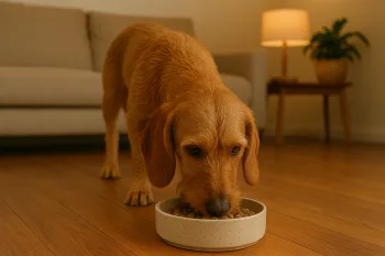 Chien : Photos prix d'un Basset Fauve de Bretagne qui mange des croquettes