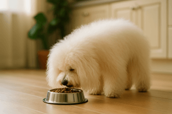 Chien : Photos prix d'un Bichon Bolonais qui mange des croquettes