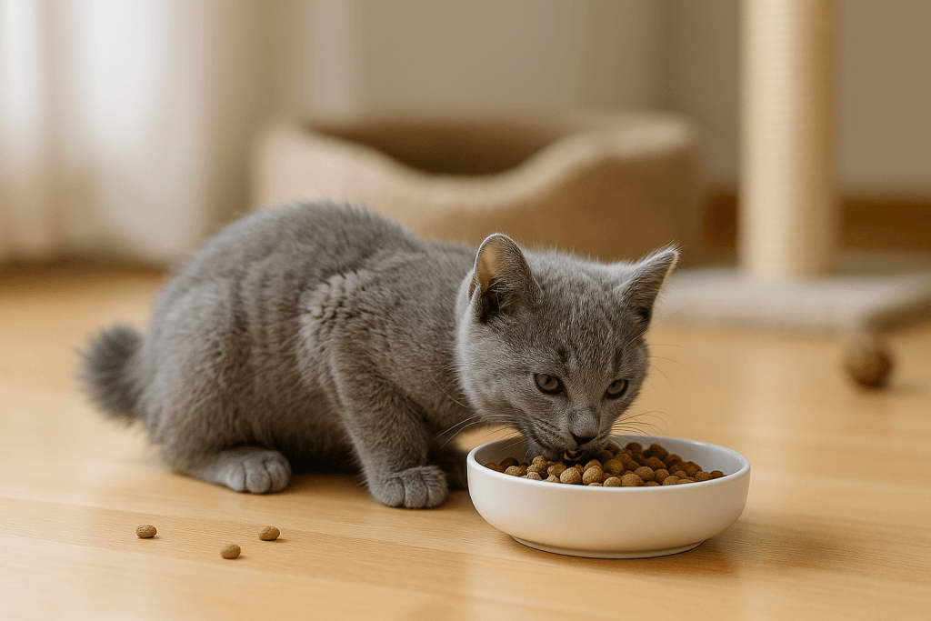 Chat : Photos prix d'un Bleu Russe qui mange des croquettes