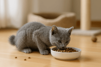 Chat : Photos prix d'un Bleu Russe qui mange des croquettes