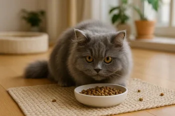 Chat : Photos prix d'un British Longhair qui mange des croquettes