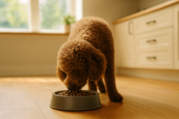 Chien : Photos prix d'un Caniche qui mange des croquettes