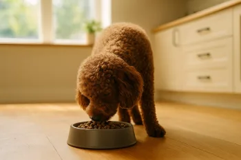 Chien : Photos prix d'un Caniche qui mange des croquettes