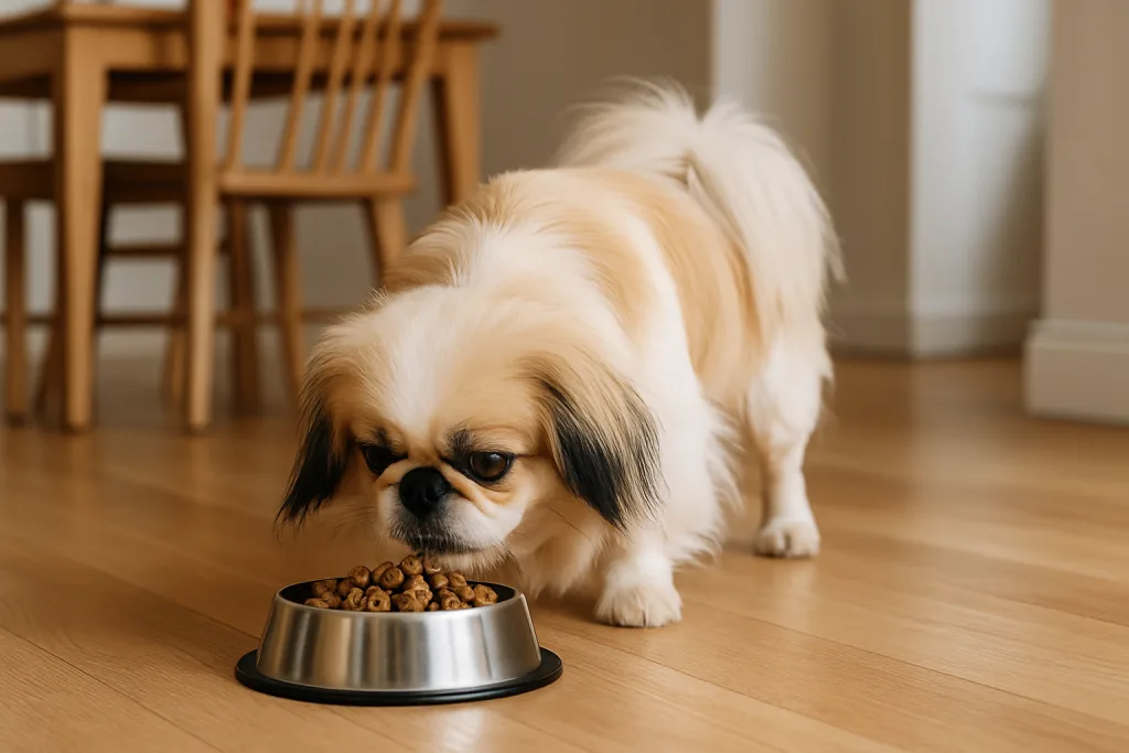Chien : Photos prix d'un Pékinois qui mange des croquettes
